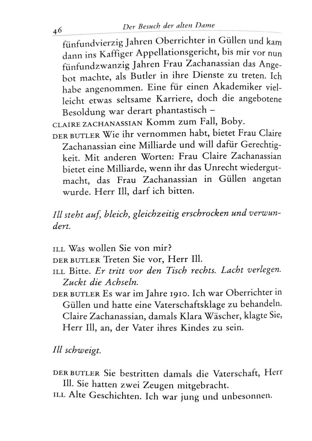 Die Besucher
Personen
Claire Zachanassian, geb. Wäscher
Multimillionärin (Armenian-Oil)
Ihre Gatten VII-IX
Der Butler
Toby } kaugummikauend
