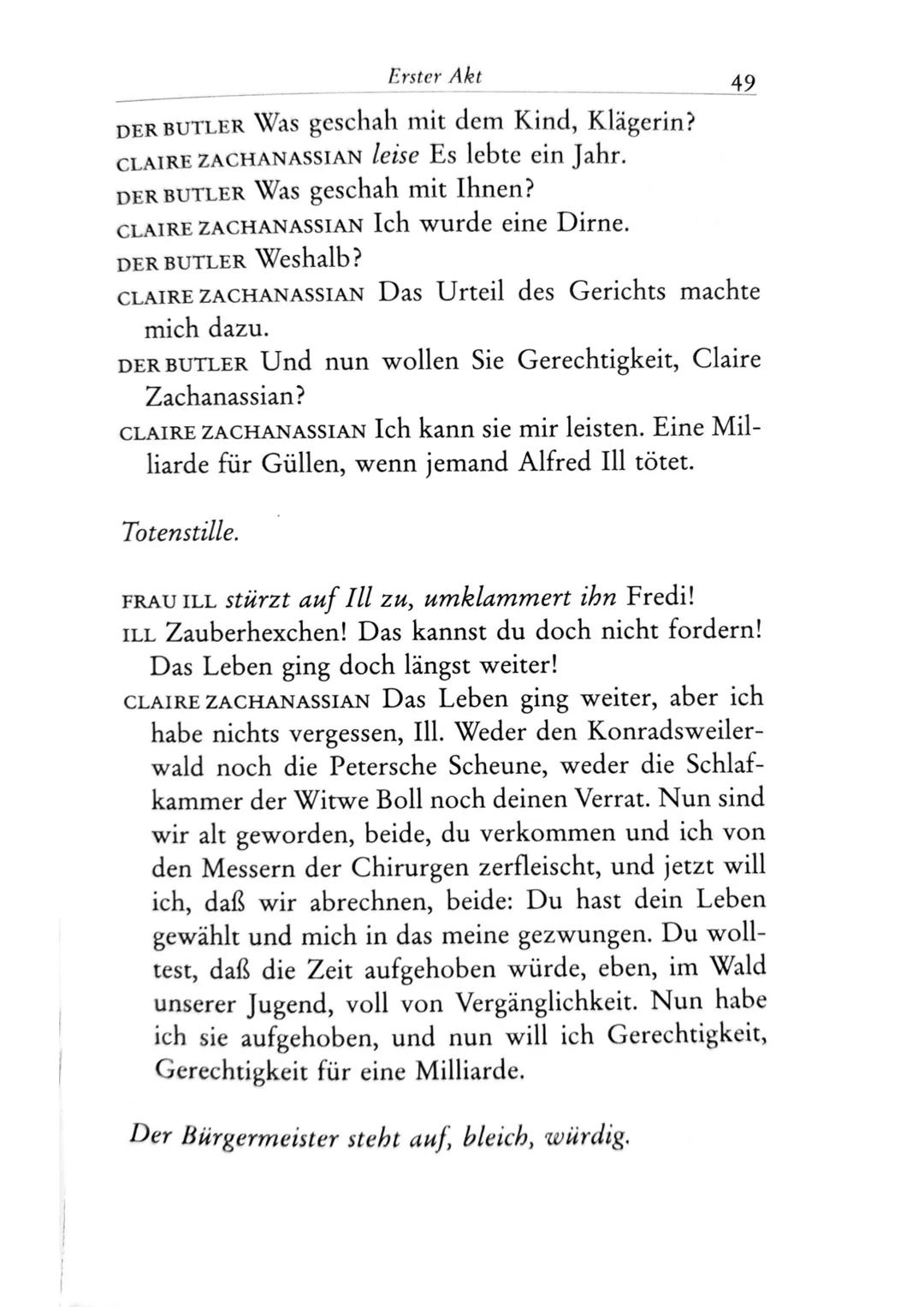 Die Besucher
Personen
Claire Zachanassian, geb. Wäscher
Multimillionärin (Armenian-Oil)
Ihre Gatten VII-IX
Der Butler
Toby } kaugummikauend
