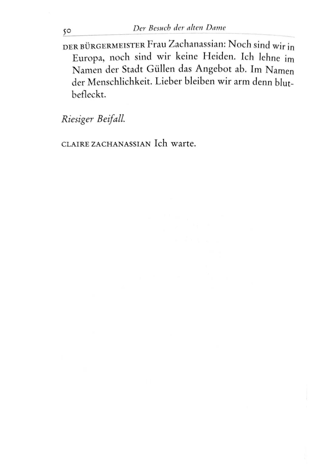 Die Besucher
Personen
Claire Zachanassian, geb. Wäscher
Multimillionärin (Armenian-Oil)
Ihre Gatten VII-IX
Der Butler
Toby } kaugummikauend
