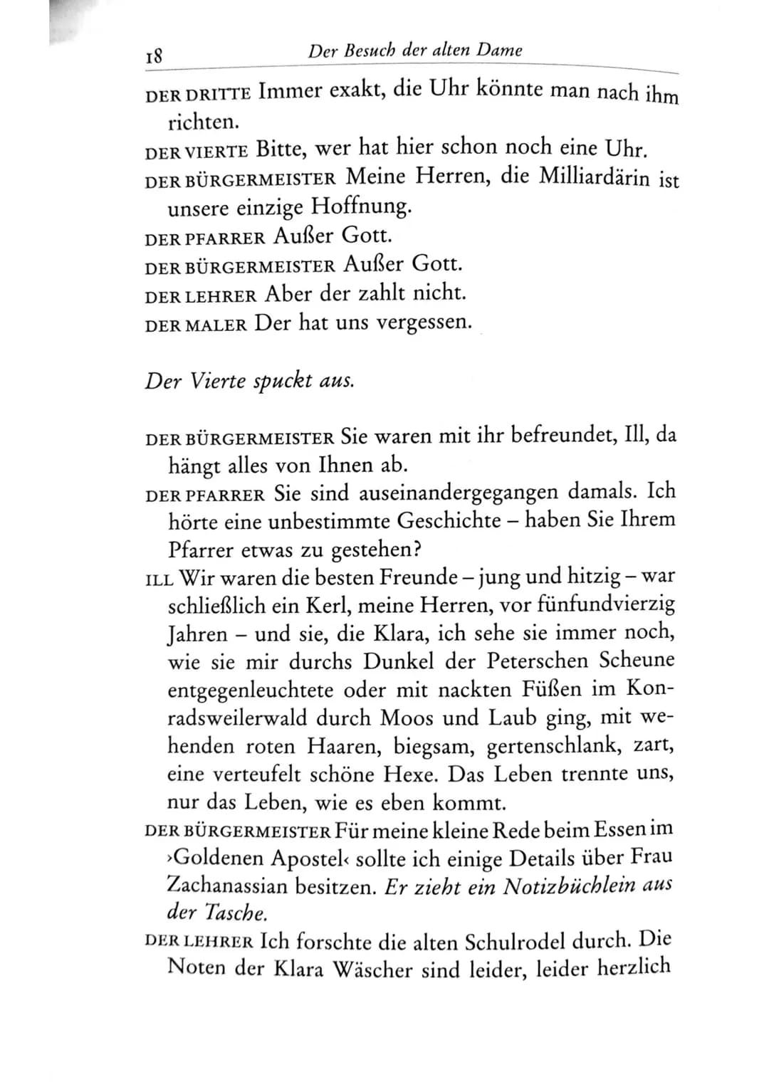 Die Besucher
Personen
Claire Zachanassian, geb. Wäscher
Multimillionärin (Armenian-Oil)
Ihre Gatten VII-IX
Der Butler
Toby } kaugummikauend
