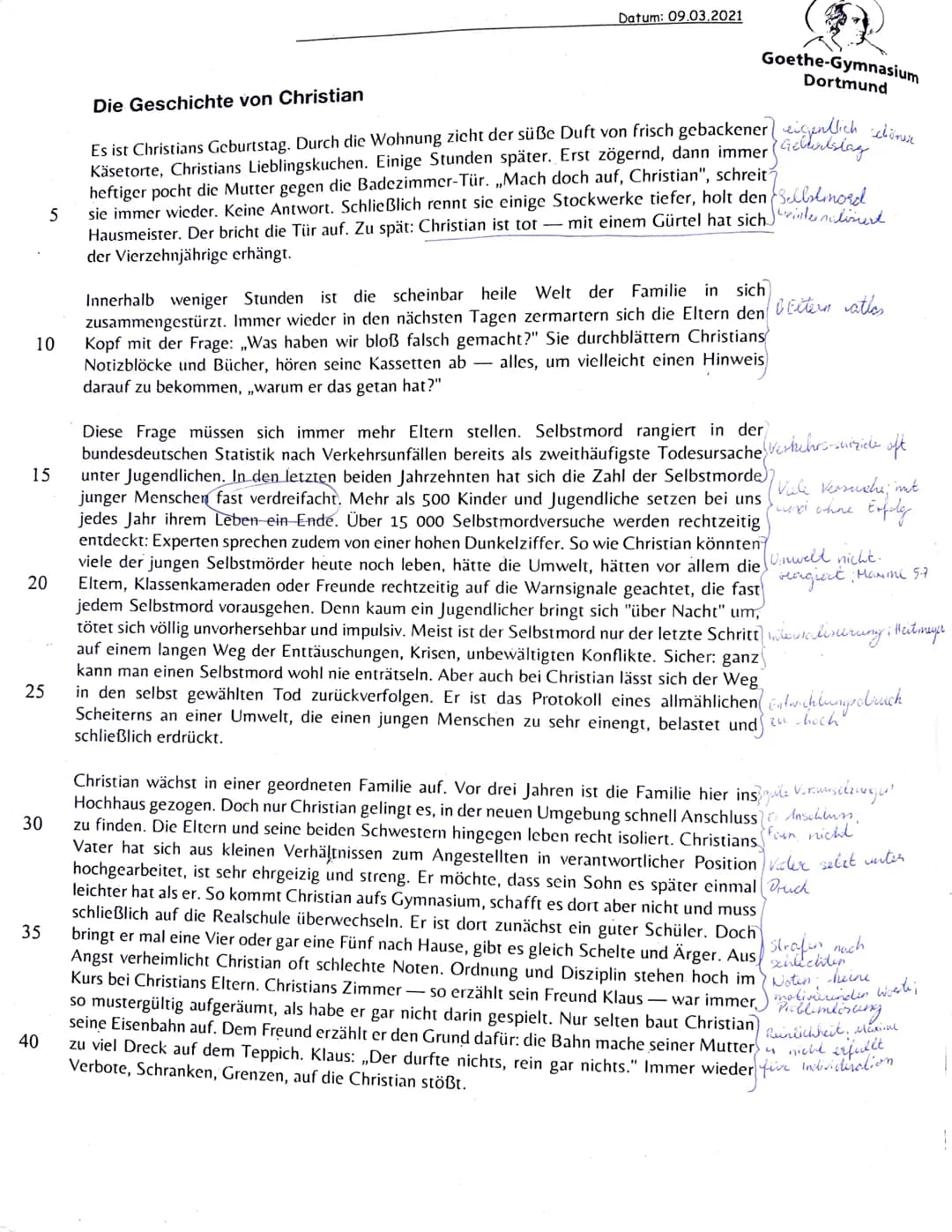 Thema:
Datum:
Zeitdauer:
1.
2.
Datum: 09.03.2021
Aufgabenstellung:
Formuliere den Hauptgedanken, gib die zentralen Aussagen strukturiert wie