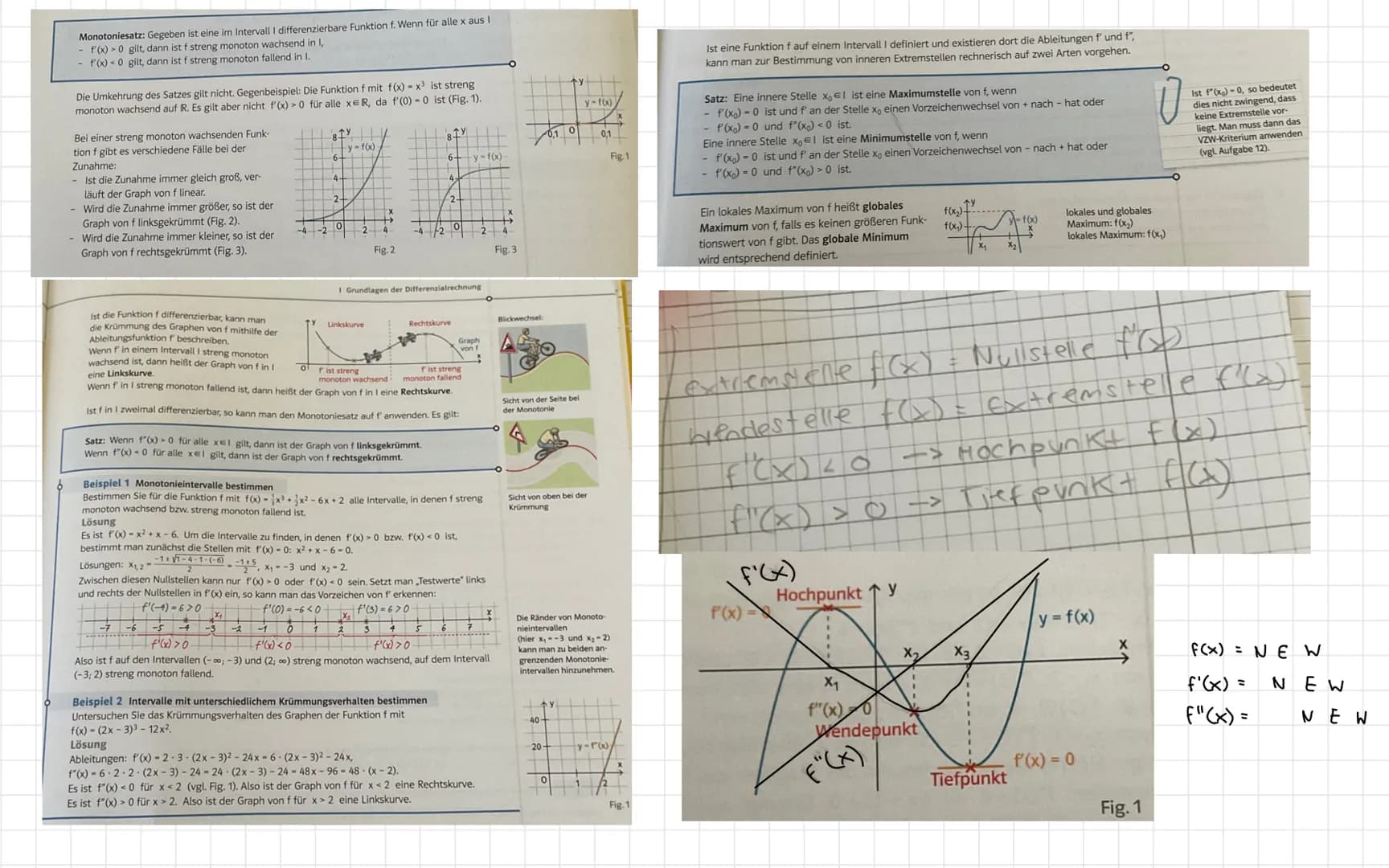 Asymptote, S. 250
Globalverlauf Schreibweise: Für x->
Symmetric
Nullstellen.
Schnittpunkt mit y-Achse
Funktionsuntersuchung
Krümmung
→wendes