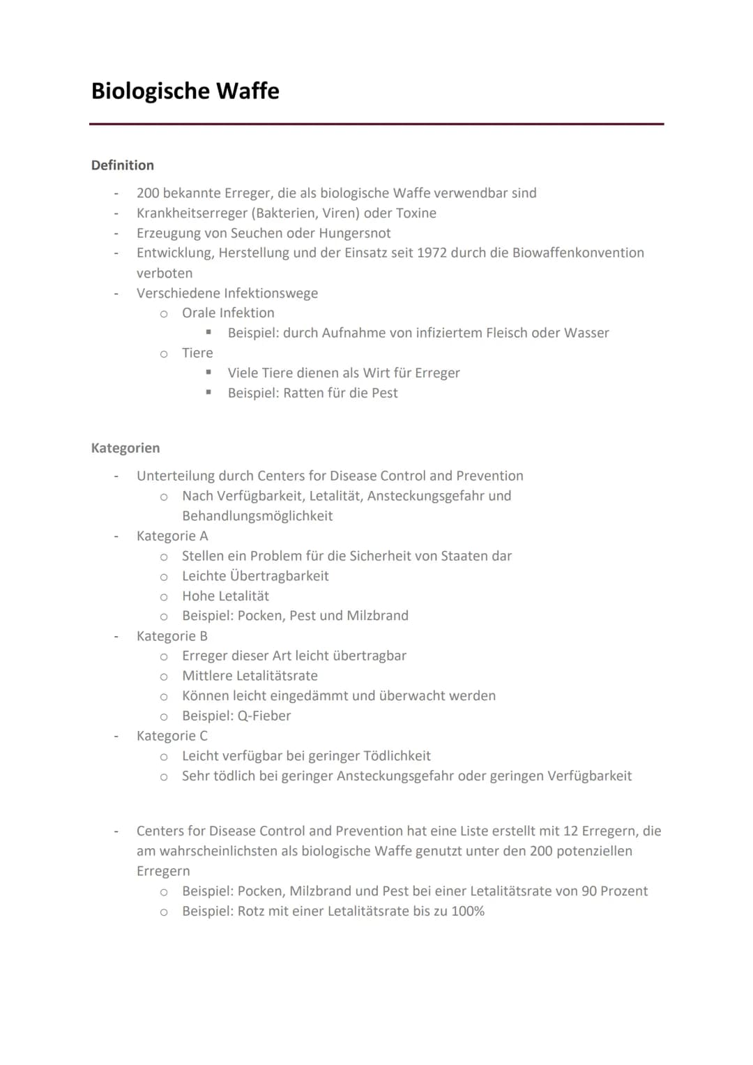 Fazit
Materialien
Todesursache oder
Verletzung
Opfer
Preis
Wirkung
Biologische Waffe
Effektivität
Bakterien oder Viren
Krankheit
Kein direkt