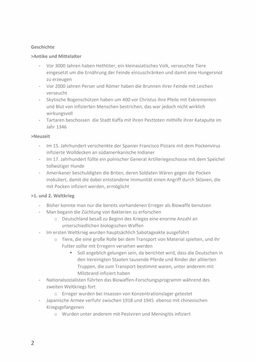 Fazit
Materialien
Todesursache oder
Verletzung
Opfer
Preis
Wirkung
Biologische Waffe
Effektivität
Bakterien oder Viren
Krankheit
Kein direkt
