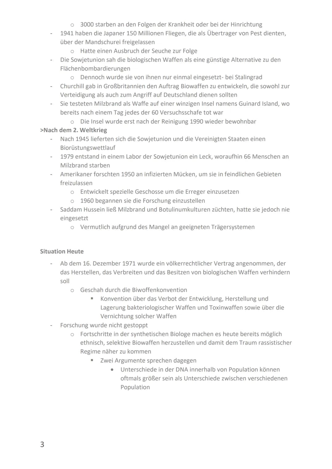 Fazit
Materialien
Todesursache oder
Verletzung
Opfer
Preis
Wirkung
Biologische Waffe
Effektivität
Bakterien oder Viren
Krankheit
Kein direkt