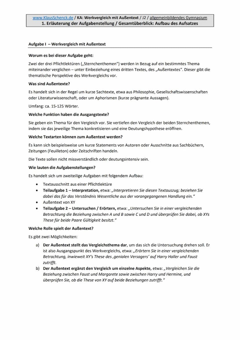 www.KlausSchenck.de/KA: Werkvergleich mit Außentext/J2 / allgemeinbildendes Gymnasium
1. Erläuterung der Aufgabenstellung / Gesamtüberblick: