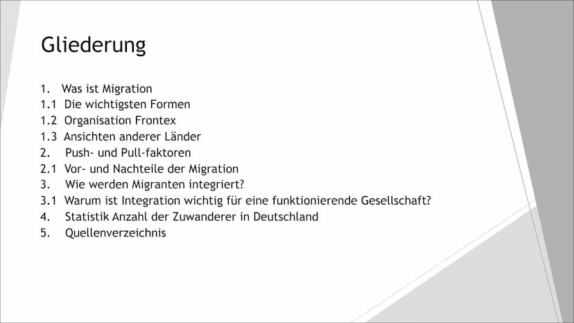 Migration und
Integration Gliederung
1. Was ist Migration
1.1 Die wichtigsten Formen
1.2 Organisation Frontex
1.3 Ansichten anderer Länder
2