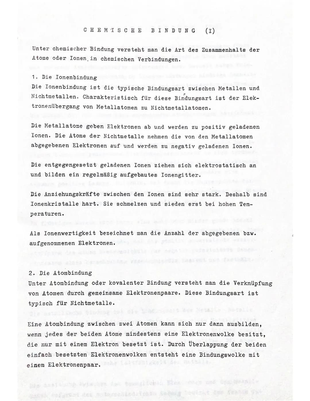 CHEMISCHE
BINDUNG (I)
Unter chemischer Bindung versteht man die Art des Zusammenhalts der
Atome oder Ionen, in chemischen Verbindungen.
1. D