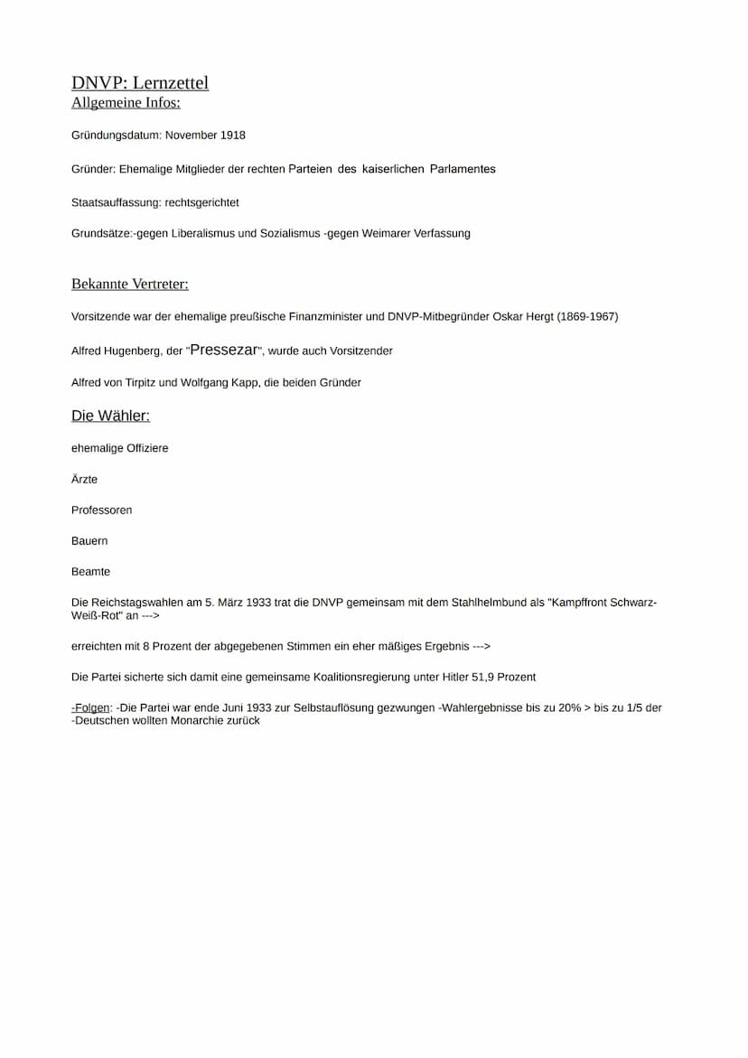 DNVP: Lernzettel
Allgemeine Infos:
Gründungsdatum: November 1918
Gründer: Ehemalige Mitglieder der rechten Parteien des kaiserlichen Parlame