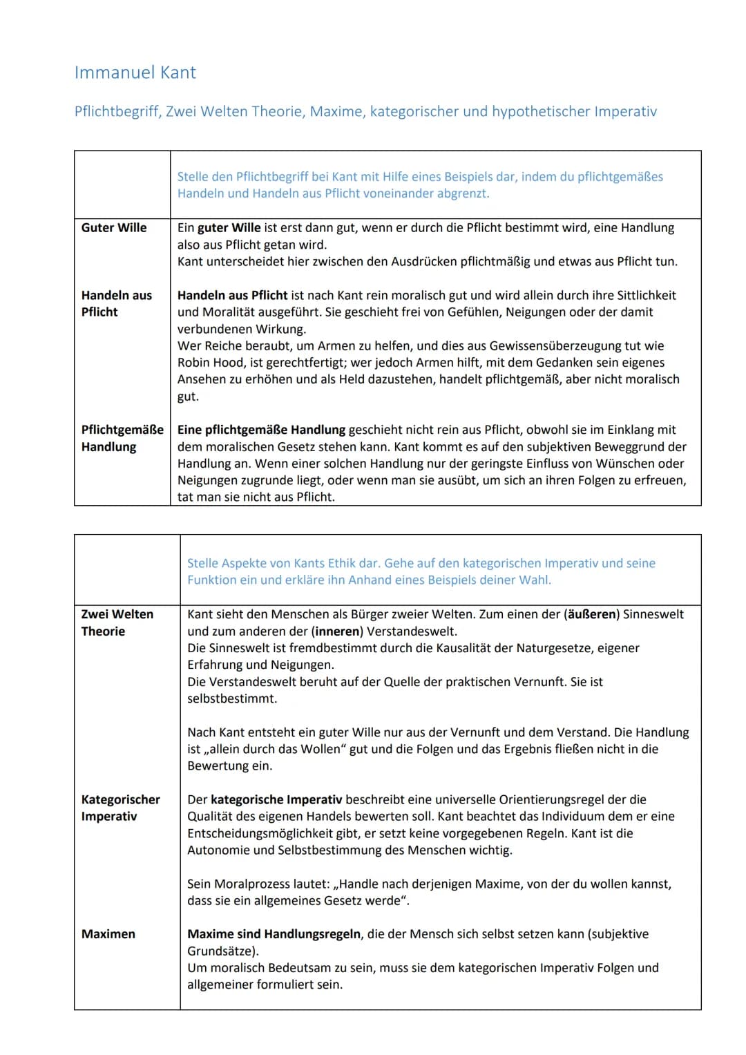 Immanuel Kant
Pflichtbegriff, Zwei Welten Theorie, Maxime, kategorischer und hypothetischer Imperativ
Guter Wille
Handeln aus
Pflicht
Pflich