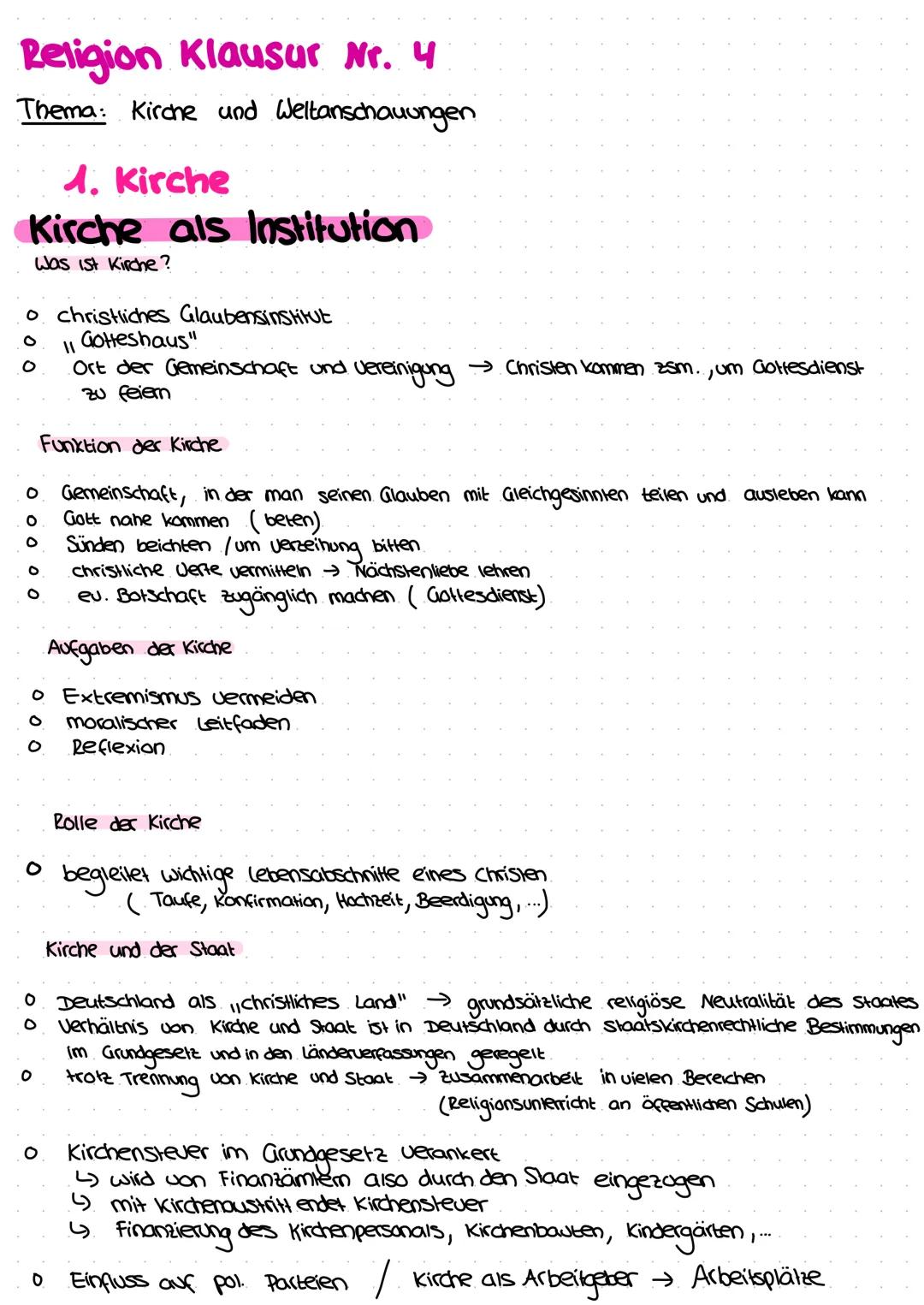 # Religion Klausur Nr. 4

## Thema: Kirche und Weltanschauungen

# 1. Kirche

## Kirche als Institution

Was ist Kirche?

*   christliches G