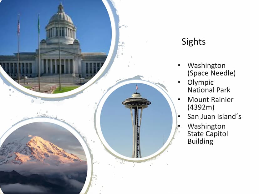 Washington State General Information
• Surface: 184.665 km²
●
Capital: Olympia
Famous Citys: Seattle, Oregon
• Member of the US: 11 November