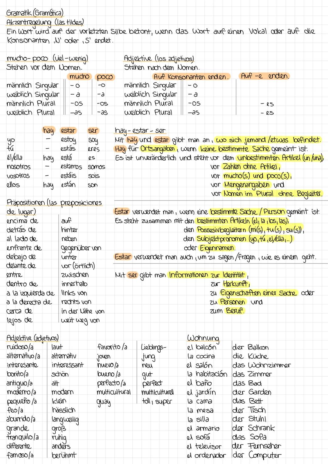 Gramatik (Gramática)
Akzentregelung (las tildes)
Ein Wort wird auf der vorletzten Silbe betont, wenn das Wort auf einen vokal oder auf die
K