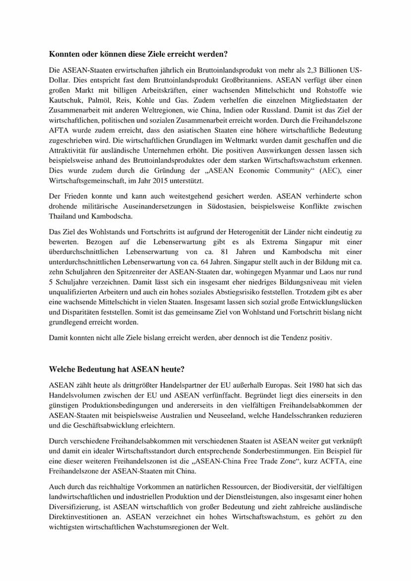 ASEAN
Was bedeutet die Abkürzung ASEAN?
ASEAN ist eine Abkürzung für ,,Association of Southeast Asian Nations".
Welche Länder gehören ASEAN 