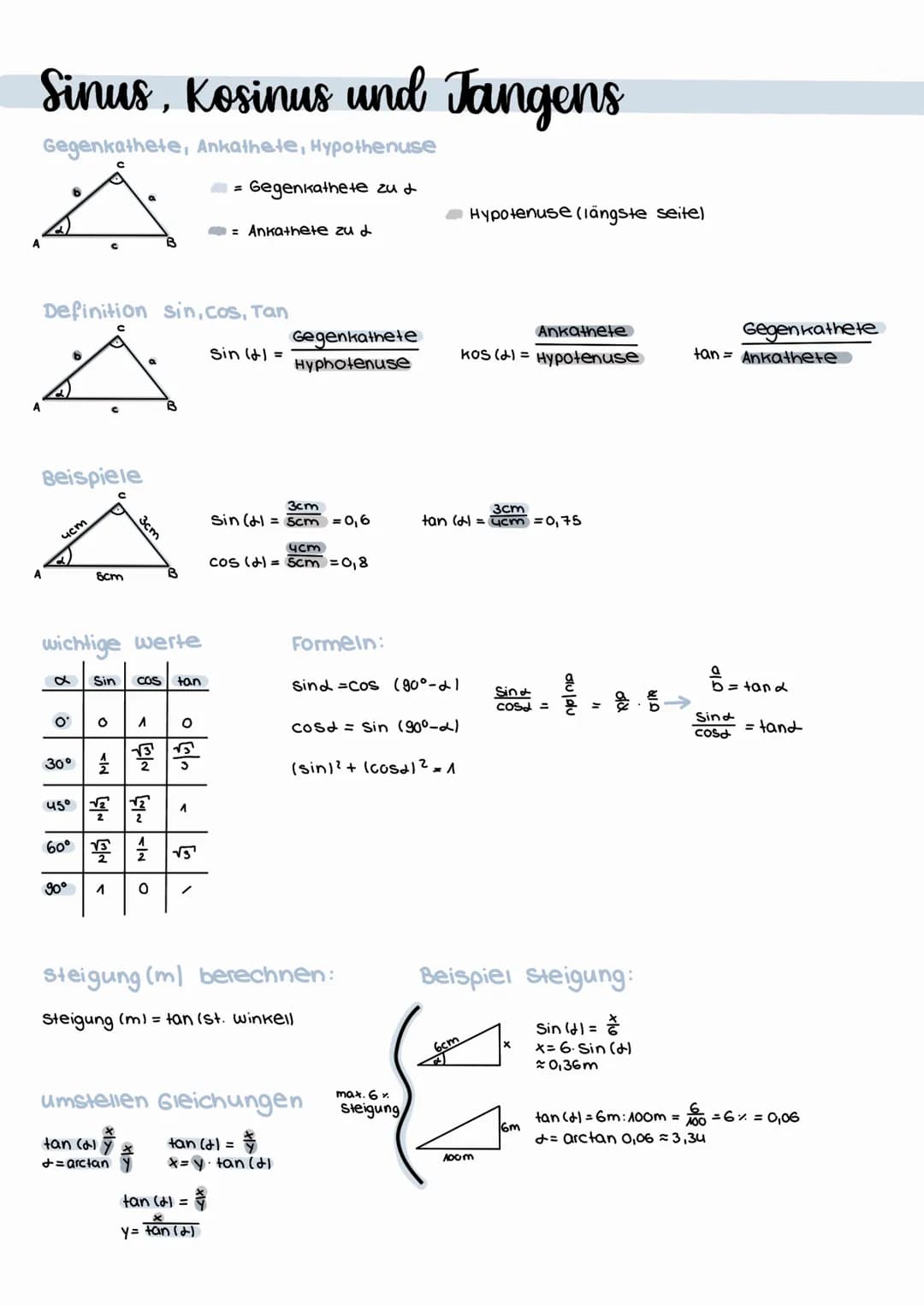 Sinus, Kosinus und Tangens
Gegenkathete, Ankathete, Hypothenuse
M= Gegenkathete zu d
A
Beispiele
A
Definition sin, cos, Tan
чсм
5cm
wichtige