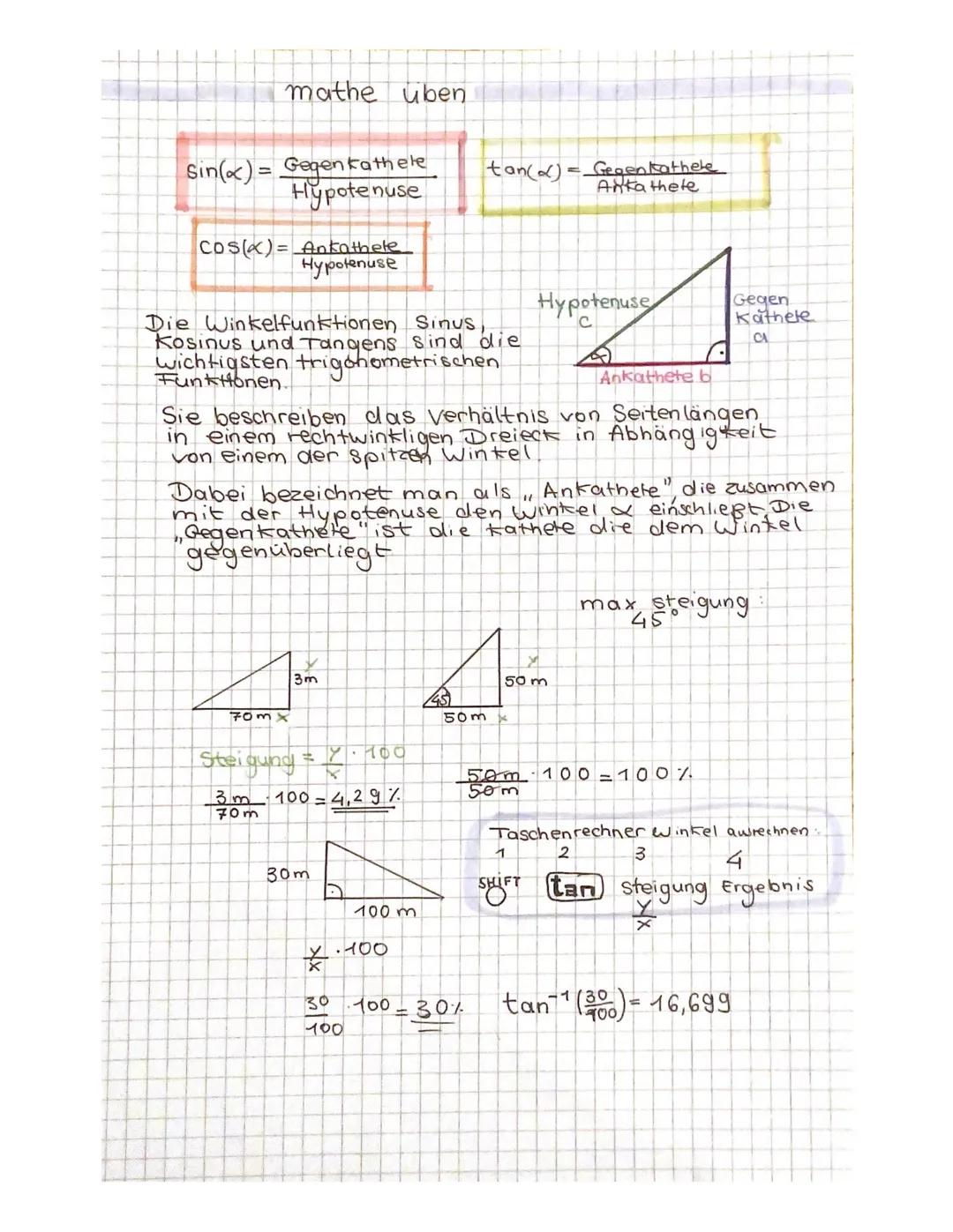 # mathe üben

$tan(x) = \frac{Gegenkathete}{Ankathete}$

$Sin(x) = \frac{Gegenkathele}{Hypotenuse}$

$Cos(x) = \frac{Ankathete}{Hypotenuse}$