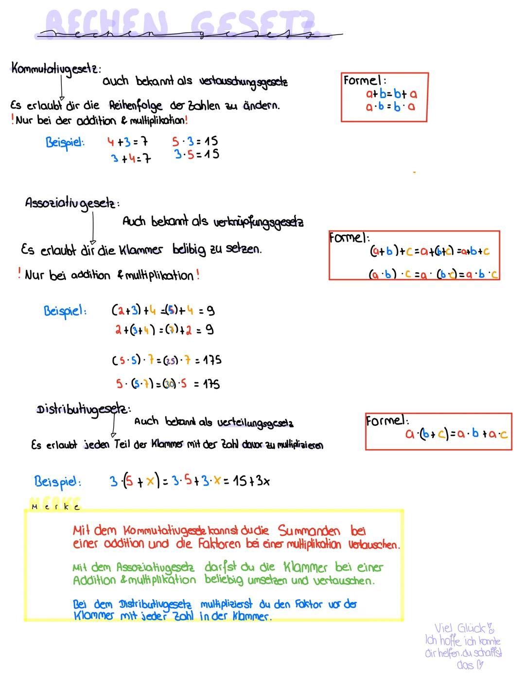 BFCHEN GESED
Kommutativgesetz:
auch bekannt als vertauschungsgesetz
Es erlaubt dir die Reihenfolge de Zahlen zu ändern.
!Nur bei der additio