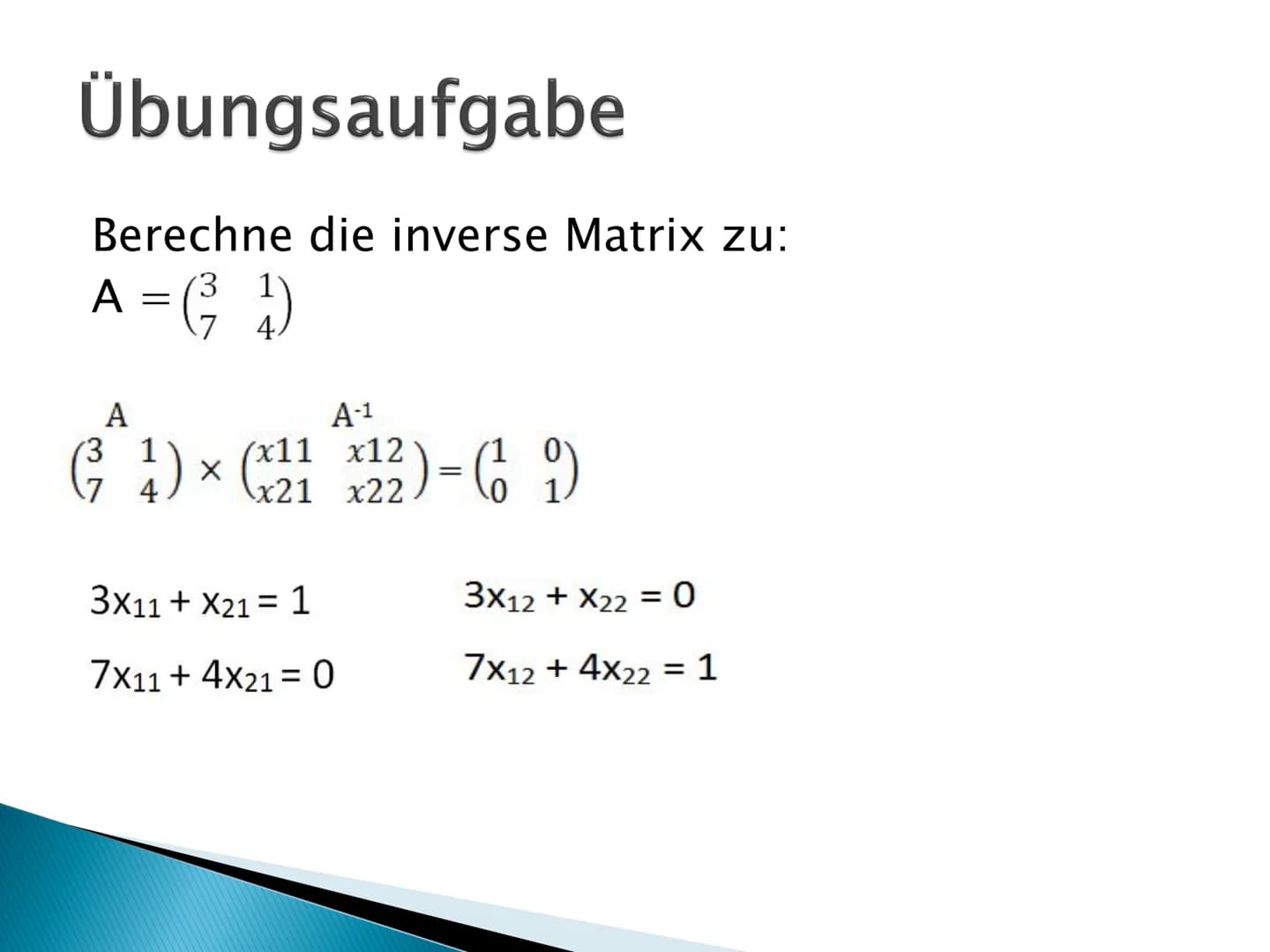 Mathe GFS
Matrix GFS Matrizen
Multiplikation von Matrizen:
b1 b12
b21b22
b31 b32)
C11= a11*b11+a12*b21+a13*b31
a11 a12 a13
a21 a22 a23
a11 a