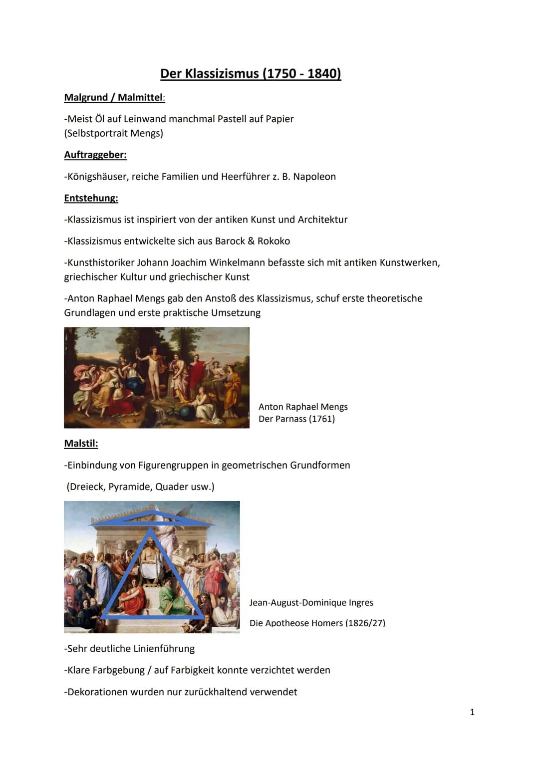 Der Klassizismus (1750-1840)
Malgrund/ Malmittel:
-Meist Öl auf Leinwand manchmal Pastell auf Papier
(Selbstportrait Mengs)
Auftraggeber:
-K