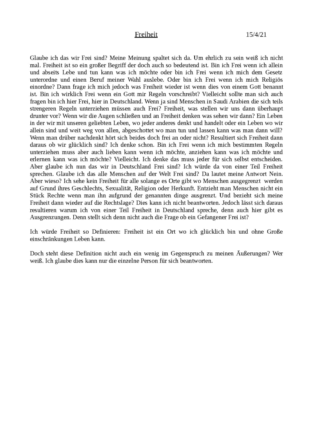 (Philosophie) Beispiel Text zum Thema „Was ist Freiheit“ Klasse 11