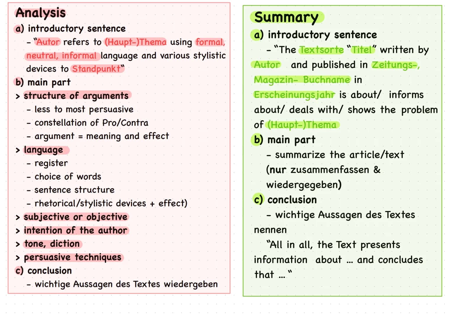 Analysis
a) introductory sentence
- "Autor refers to (Haupt-)Thema using formal,
neutral, informal language and various stylistic
devices to