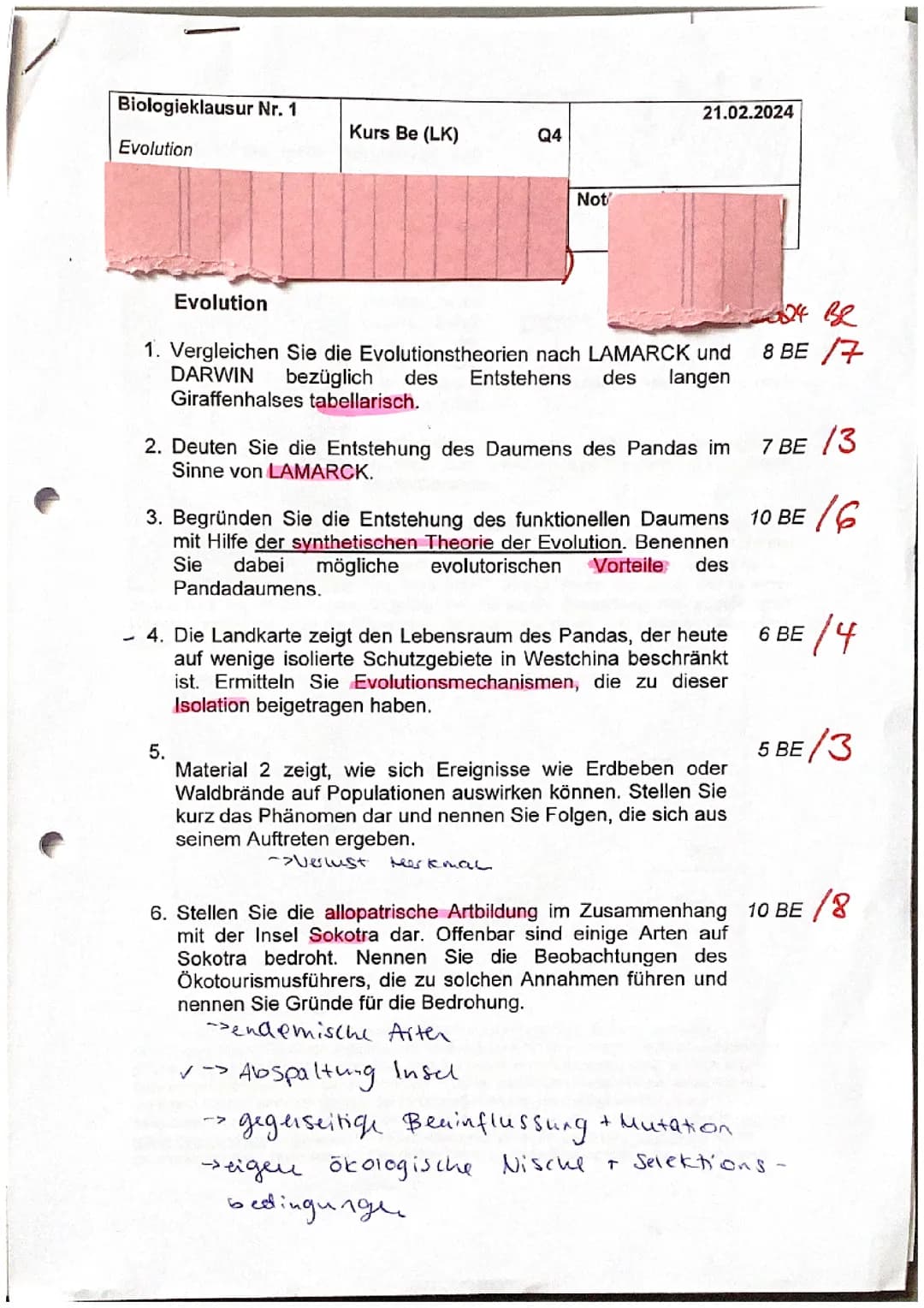 Biologie Klausur LK Q4 Evolution