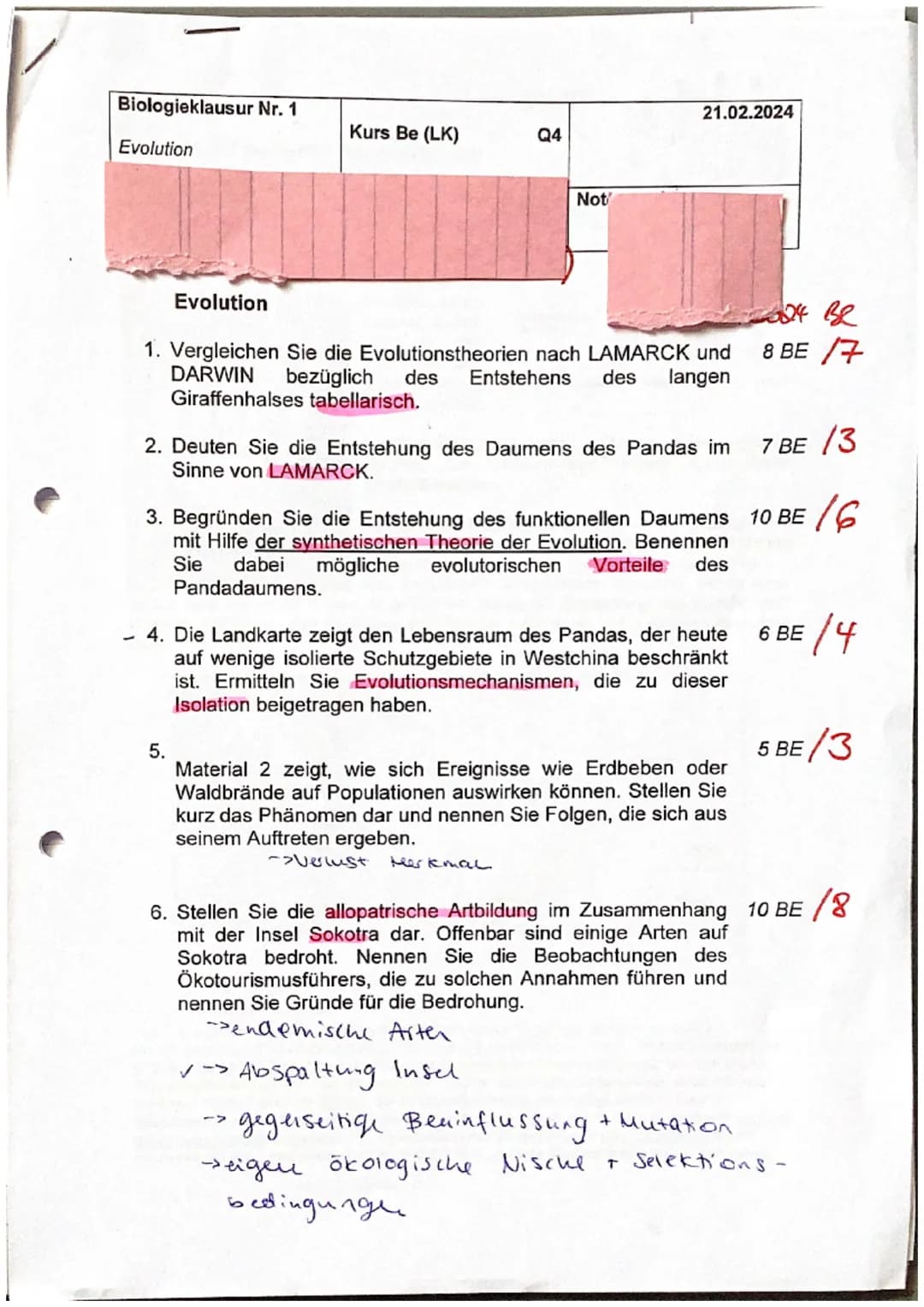 Biologieklausur Nr. 1
Evolution
Kurs Be (LK)
19
Q4
Not
21.02.2024
Evolution
1. Vergleichen Sie die Evolutionstheorien nach LAMARCK und
DARWI