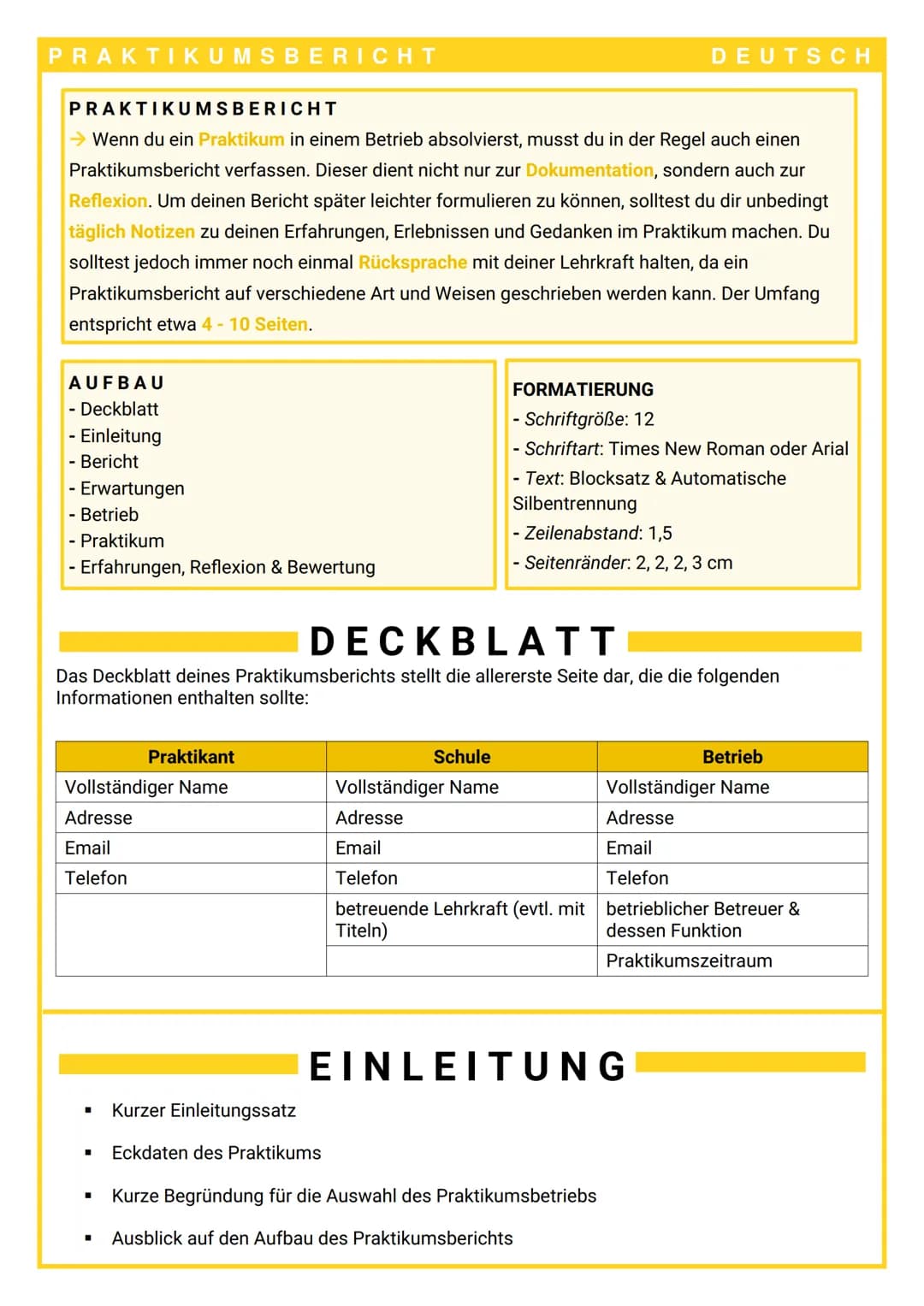 PRAKTIKUMSBERICHT
PRAKTIKUMSBERICHT
→ Wenn du ein Praktikum in einem Betrieb absolvierst, musst du in der Regel auch einen
Praktikumsbericht