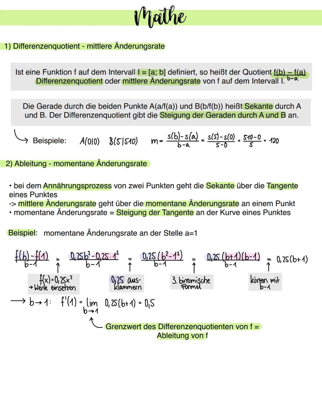 Mathe
1) Differenzenquotient - mittlere Änderungsrate
Ist eine Funktion f auf dem Intervall I = [a; b] definiert, so heißt der Quotient f(b)