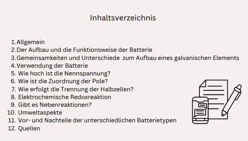 Zink-Luft-Batterie Inhaltsverzeichnis
1. Allgemein
2. Der Aufbau und die Funktionsweise der Batterie
3. Gemeinsamkeiten und Unterschiede zum