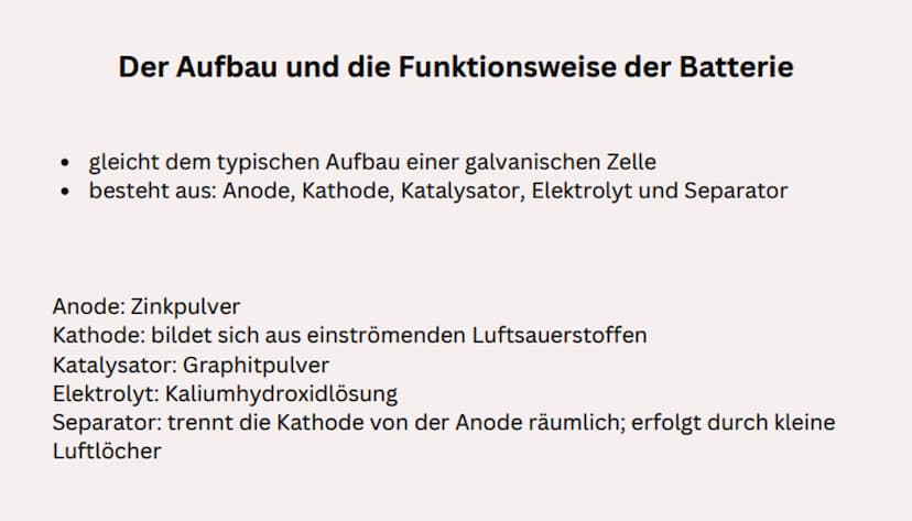 Zink-Luft-Batterie Inhaltsverzeichnis
1. Allgemein
2. Der Aufbau und die Funktionsweise der Batterie
3. Gemeinsamkeiten und Unterschiede zum