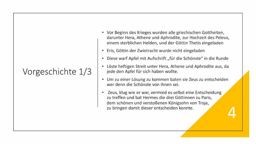 Troja und der trojanische Krieg - Handout
Wichtiger Teil der griechischen Mythologie
1 Vorgeschichte
Paris, Sohn des Königs von Troja, wird 