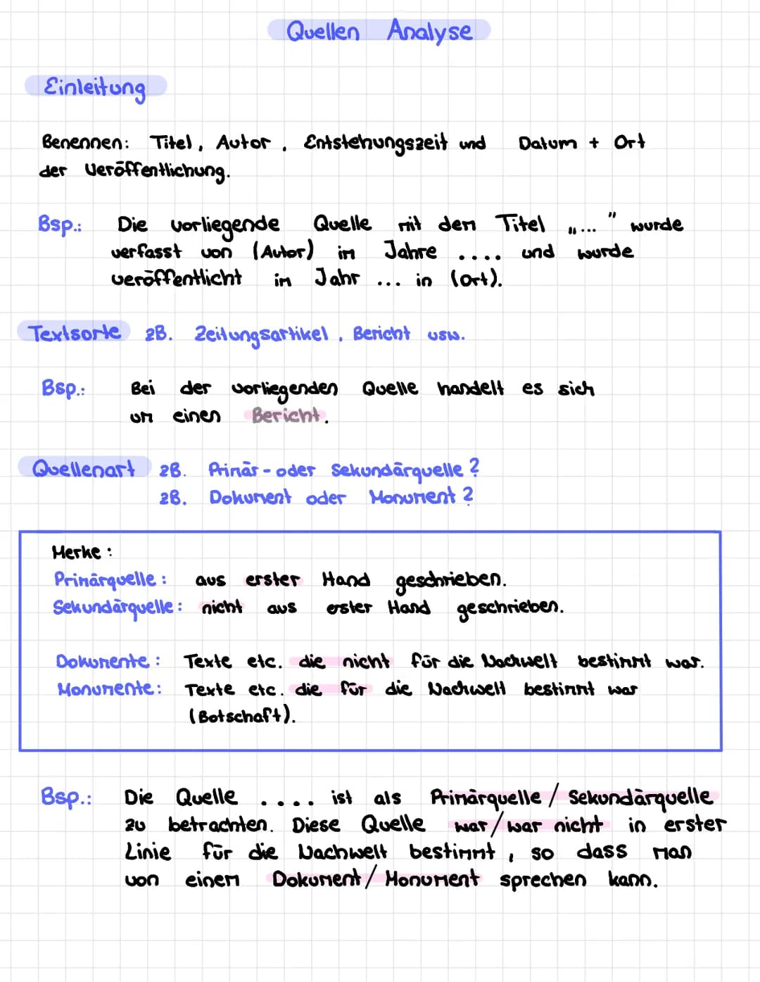 Einleitung
Benennen: Titel, Autor, Entstehungszeit und
der Veröffentlichung.
Quellen Analyse
Bsp.: Die vorliegende Quelle
verfasst von (Auto