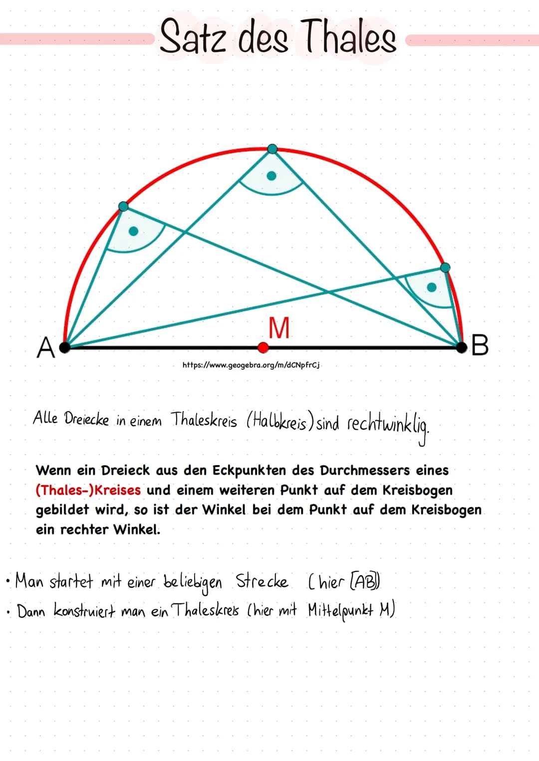 A
Satz des Thales
M
https://www.geogebra.org/m/dCNpfrCj
B
Alle Dreiecke in einem Thaleskreis (Hallbkreis) sind rechtwinklig.
Wenn ein Dreiec