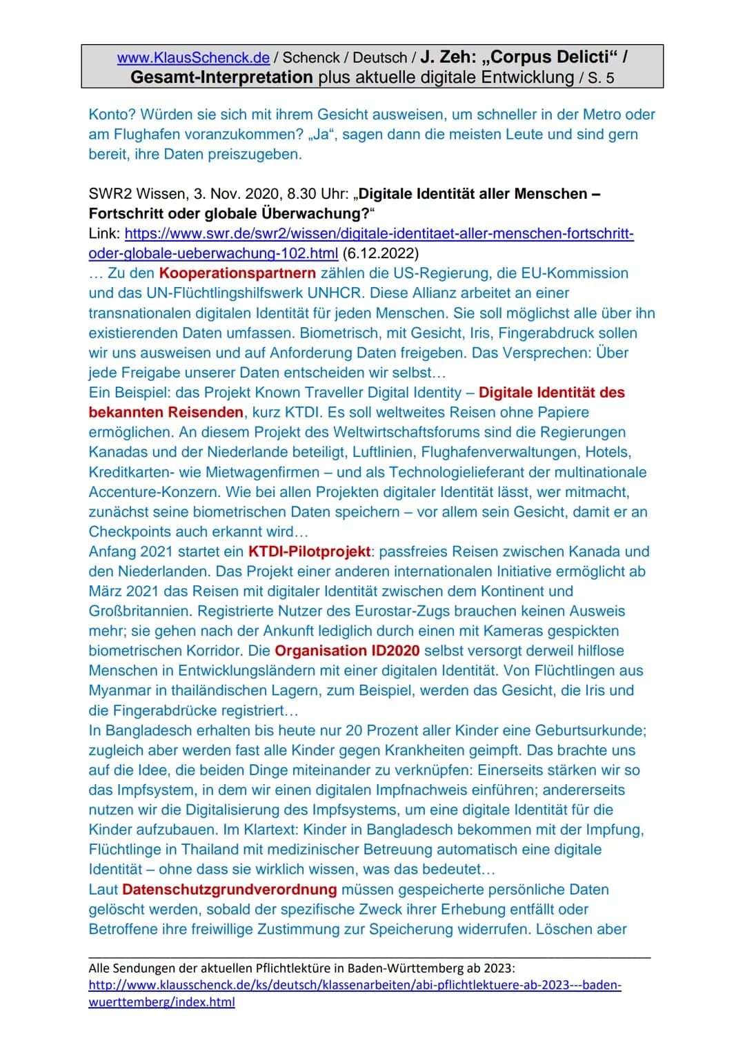 www.KlausSchenck.de/Schenck / Deutsch / J. Zeh: „Corpus Delicti" /
Gesamt-Interpretation plus aktuelle digitale Entwicklung / S. 1
Juli Zeh: