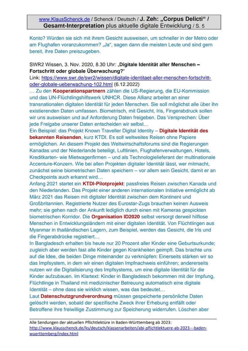 www.KlausSchenck.de/Schenck / Deutsch / J. Zeh: „Corpus Delicti" /
Gesamt-Interpretation plus aktuelle digitale Entwicklung / S. 1
Juli Zeh:
