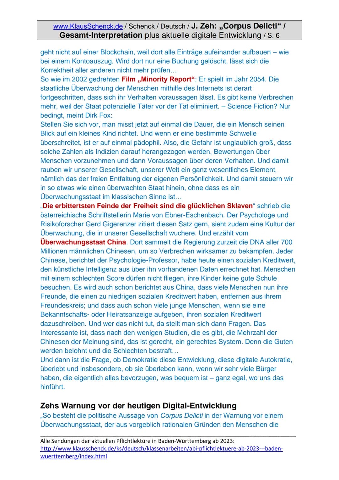 www.KlausSchenck.de/Schenck / Deutsch / J. Zeh: „Corpus Delicti" /
Gesamt-Interpretation plus aktuelle digitale Entwicklung / S. 1
Juli Zeh: