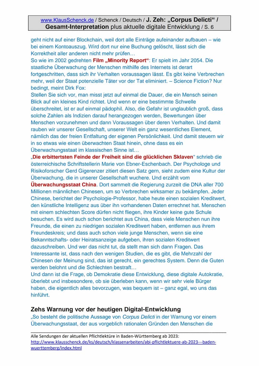 www.KlausSchenck.de/Schenck / Deutsch / J. Zeh: „Corpus Delicti" /
Gesamt-Interpretation plus aktuelle digitale Entwicklung / S. 1
Juli Zeh: