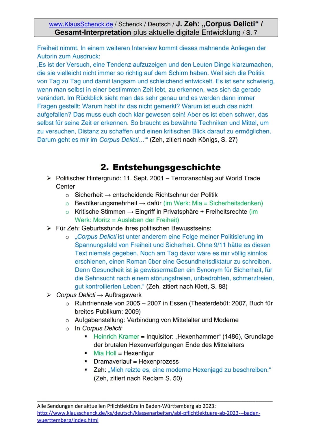 www.KlausSchenck.de/Schenck / Deutsch / J. Zeh: „Corpus Delicti" /
Gesamt-Interpretation plus aktuelle digitale Entwicklung / S. 1
Juli Zeh: