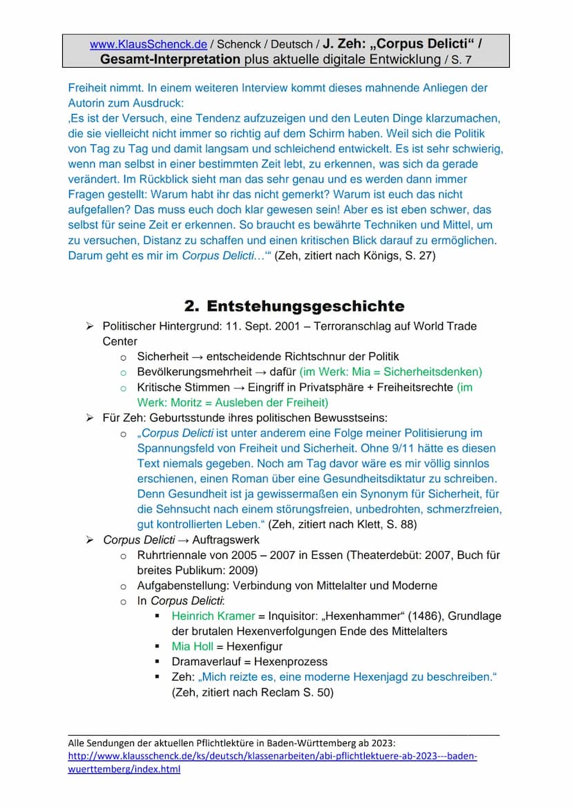 www.KlausSchenck.de/Schenck / Deutsch / J. Zeh: „Corpus Delicti" /
Gesamt-Interpretation plus aktuelle digitale Entwicklung / S. 1
Juli Zeh: