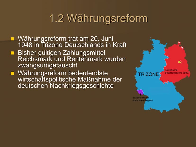 Die wirtschaftliche Entwicklung
in den westlichen
Besatzungszonen und der BRD Gliederung
1. Wirtschaftswunder
1.1 Ausgangssituation
1.2 Währ