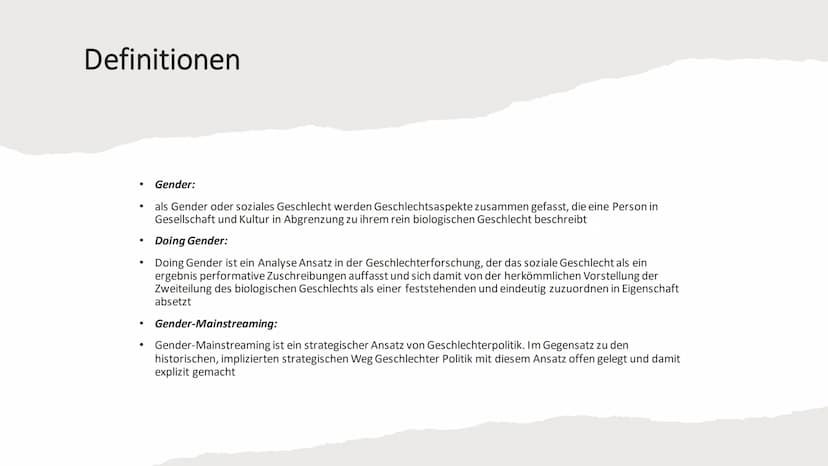 Gender/Gender Theorie / Doing Gender / Gender-Mainstreaming Inhaltsverzeichnis
●
Definitionen
• Gender
1. Gleichheitstheorie
2. Differenzthe