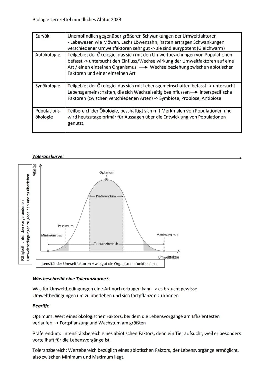 Biologie Lernzettel mündliches Abitur 2023
Ökologie
Definition: Lebewesen und ihre Umwelt bilden ein Komplexes Netzwerk aus Wechselwirkungen