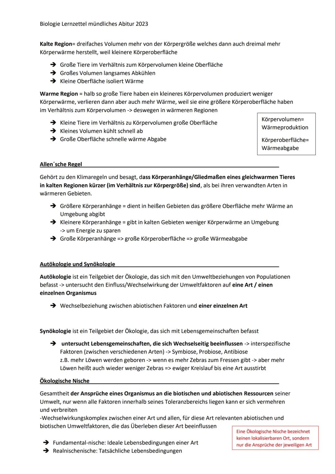 Biologie Lernzettel mündliches Abitur 2023
Ökologie
Definition: Lebewesen und ihre Umwelt bilden ein Komplexes Netzwerk aus Wechselwirkungen