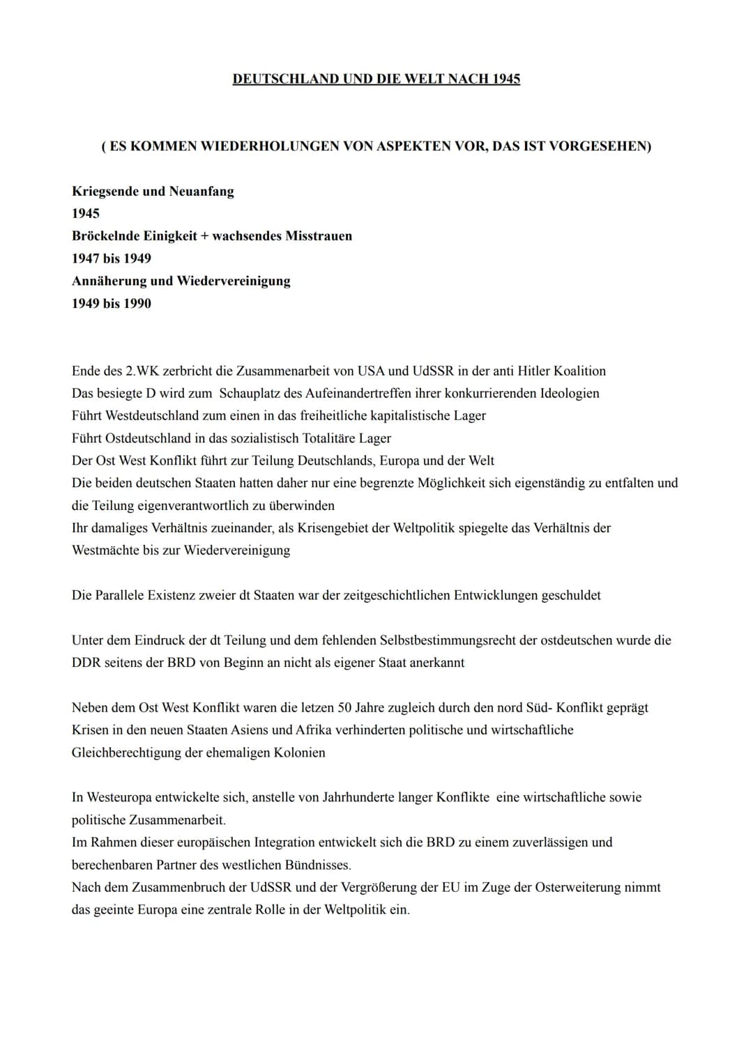 DEUTSCHLAND UND DIE WELT NACH 1945
(ES KOMMEN WIEDERHOLUNGEN VON ASPEKTEN VOR, DAS IST VORGESEHEN)
Kriegsende und Neuanfang
1945
Bröckelnde 