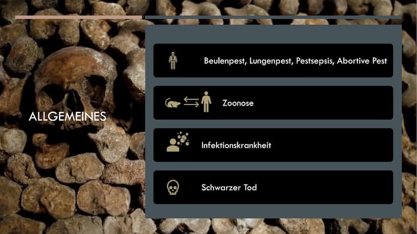 DIE PEST
5
fequal porton
Re GLIEDERUNG
•Allgemeines
•Vorbeugung
Quiz
•Erreger
•Behandlung
Mittelalter
•Übertragung
•Geschichte
•Symptome
•Pe