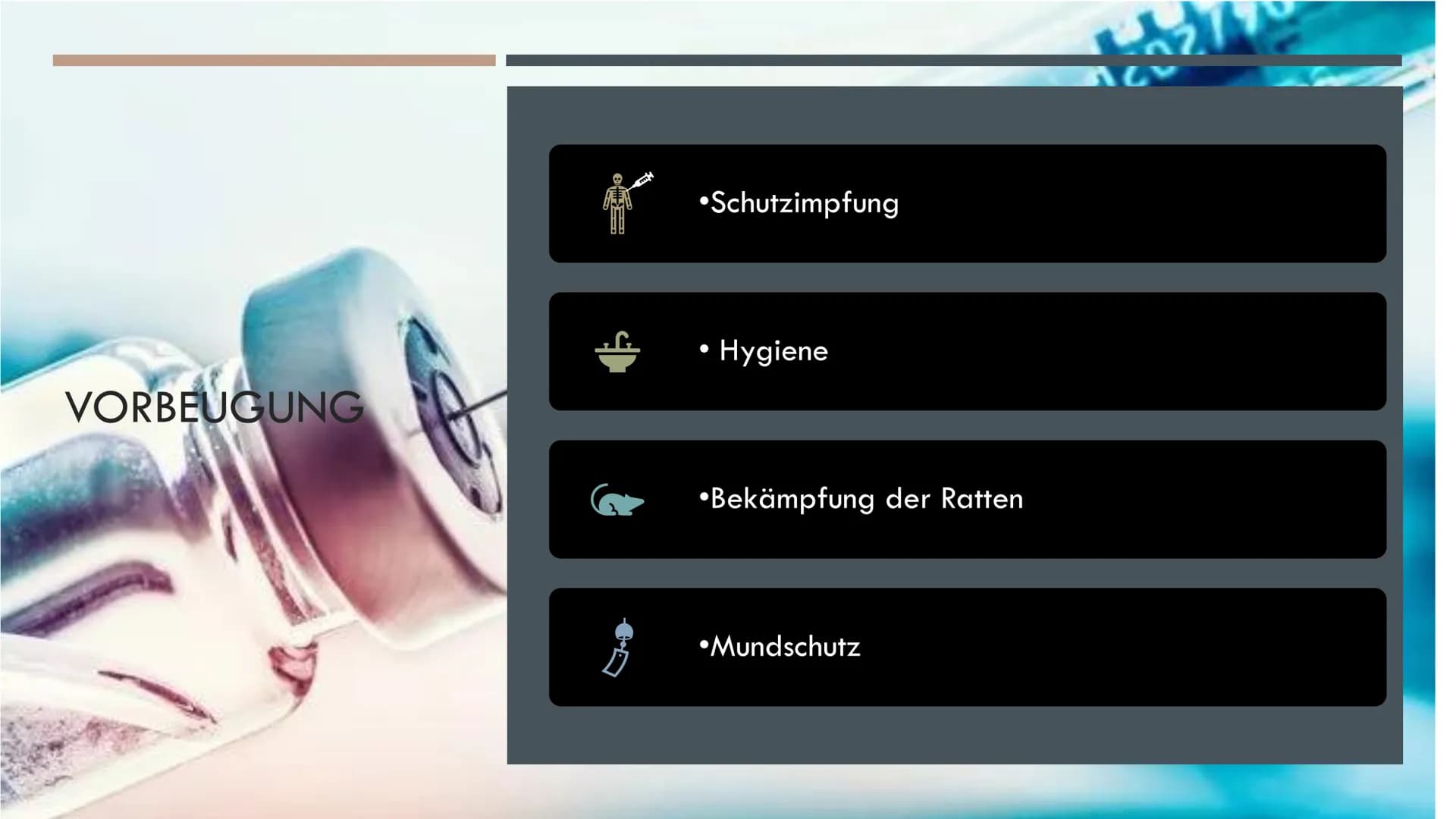 DIE PEST
5
fequal porton
Re GLIEDERUNG
•Allgemeines
•Vorbeugung
Quiz
•Erreger
•Behandlung
Mittelalter
•Übertragung
•Geschichte
•Symptome
•Pe