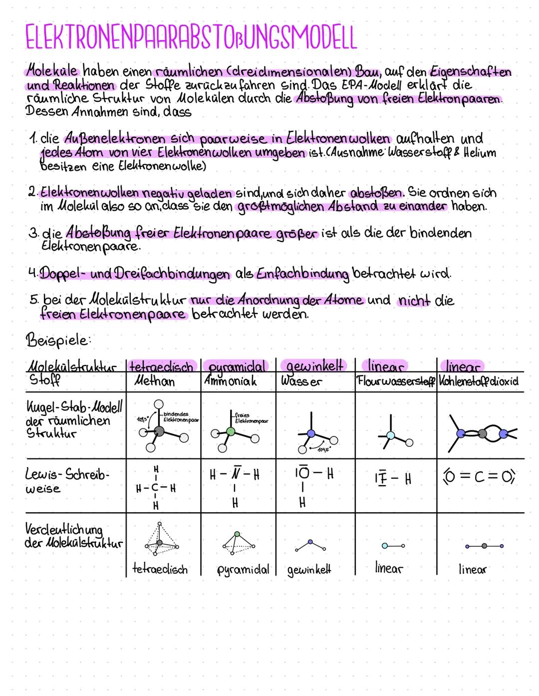 # ELEKTRONENPAARABSTOBUNGSMODELL

Moleküle haben einen räumlichen (dreidimensionalen) Bau, auf den Eigenschaften
und Reaktionen der Stoffe z