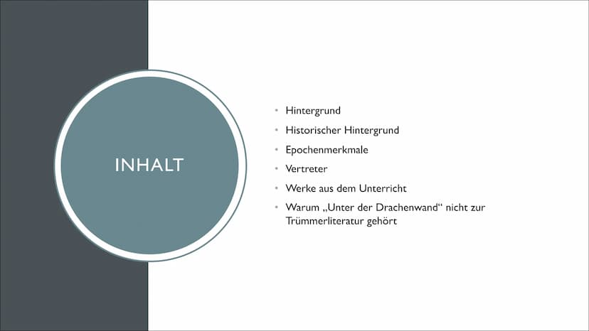 TRÜMMERLITERATUR
1945-1950 INHALT
• Hintergrund
●
●
●
●
●
Historischer Hintergrund
Epochenmerkmale
Vertreter
Werke aus dem Unterricht
Warum 