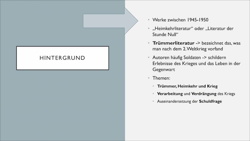 TRÜMMERLITERATUR
1945-1950 INHALT
• Hintergrund
●
●
●
●
●
Historischer Hintergrund
Epochenmerkmale
Vertreter
Werke aus dem Unterricht
Warum 